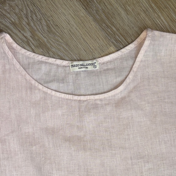 Terzo Millennio Top Small Beige 100% Linen Button Back Hi Low Hem Pullover Shirt - Picture 10 of 16